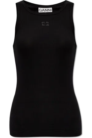 Ganni Top, Dame, Sort, L, Bomuld, Logo-broderet top
