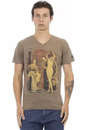 Trussardi Top, Herre, Brun, 3XL, Bomuld, Elegant V-Neck T-shirt med Front Print
