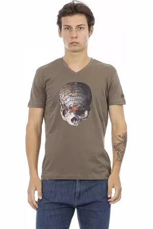 Trussardi Top, Herre, Brun, 2XL, Bomuld, Brun V-Neck Tee med Front Print