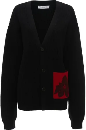 J.W.Anderson Strik, Dame, Sort, S, Uld, Sort Blomstret V-Hals Sweater