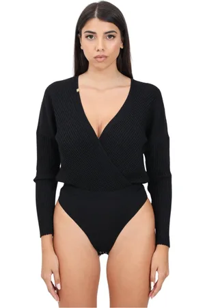 Elisabetta Franchi Top, Dame, Sort, M, Uld, Sort Ribbet Bodysuit med Logo Plaque