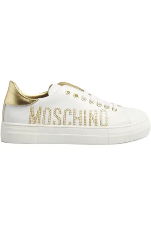 Moschino Sko, Dame, Hvid, 36 EU, Uld, Hvid Læder Sneaker med Guld Strass Logo