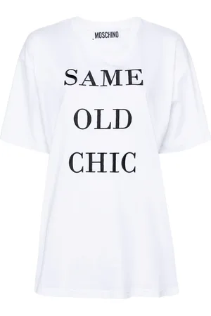 Moschino Top, Dame, Hvid, S, Bomuld, Elegant Broderet Crewneck T-shirts og Polos