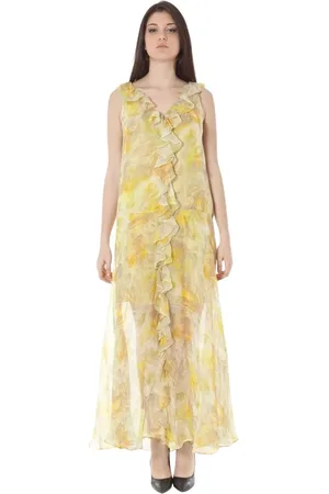 John Galliano Kjole, Dame, Gul, XL, Polyester, V-Hals Lang Gul Polyester Kjole