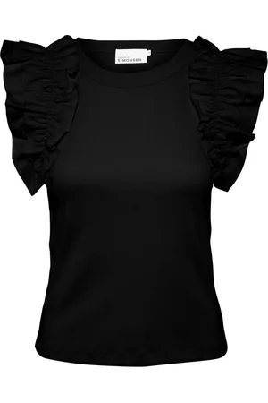 Karen by Simonsen Top, Dame, Sort, XS, Bomuld, Ruffle Sleeve Tank Top Meteorite