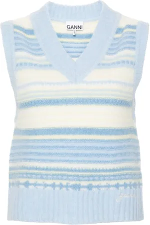 Ganni Strik, Dame, Blå, XS, Uld, Stribet Ærmeløs Sweater
