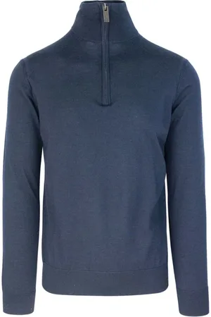 Paolo Pecora Strik, Herre, Blå, M, Uld, Blå Uld Slim Fit Halv-Zip Sweater