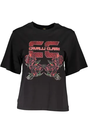 Roberto Cavalli Top, Dame, Sort, XS, Bomuld, Elegant Sort Trykt Bomuld T-Shirt