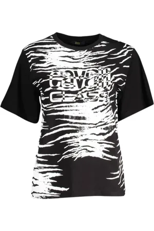 Roberto Cavalli Top, Dame, Sort, XS, Bomuld, Elegant Logo T-Shirt med firkantet tryk