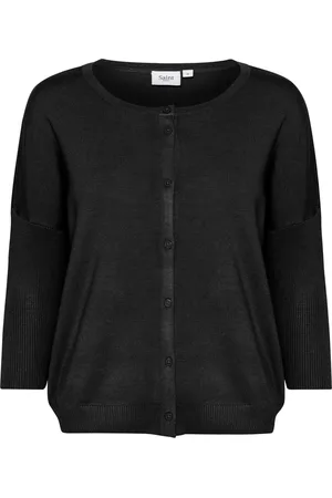 Saint Tropez Strik, Dame, Sort, XS, Uld, Sort Ribstrikket Cardigan med Knaplukning