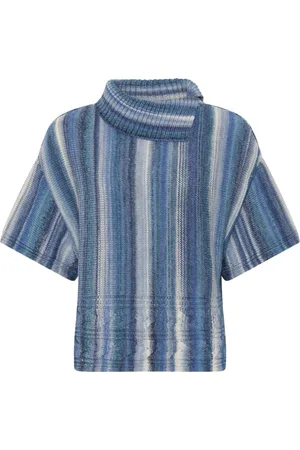 Skovhuus Strik, Dame, Blå, M, Uld, Farverig Cape Bluse med Smukt Mønster