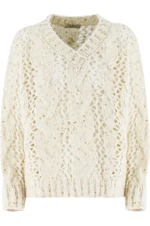 PANICALE Strik, Dame, Hvid, S, Uld, Elegant Sequin V-Neck Sweater
