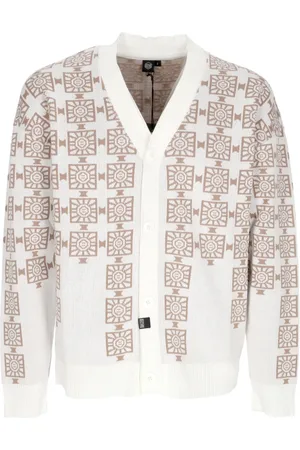 DOLLY NOIRE Strik, Herre, Brun, L, Uld, Brun/Hvid V-Hals Cardigan Sweater
