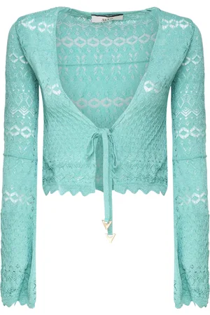 AKEP Strik, Dame, Blå, S, Polyester, Hæklet Blonde V-hals Aqua Sweater