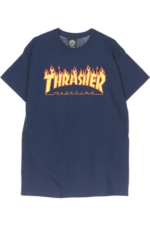 Thrasher Top, Herre, Blå, M, Bomuld, Flame Tee Navy/Gul Herre T-shirt