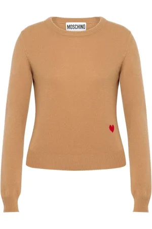 Moschino Strik, Dame, Brun, S, Uld, Brun Sweater med Hjertemotiv og Crew Neck