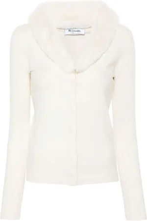 Blugirl Strik, Dame, Hvid, XS, Uld, Beige Strik Cardigan med Faux-Fur Krave