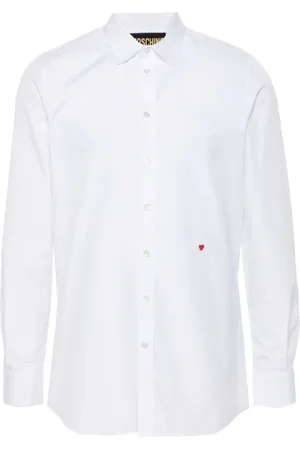Moschino Skjorte, Herre, Hvid, 2XL, Bomuld, Hjerte Broderet Poplin Skjorte