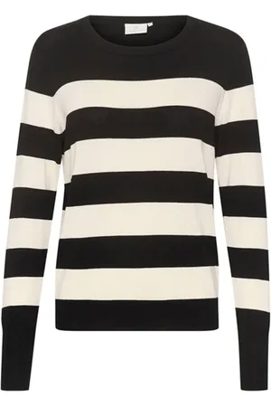 Kaffe Strik, Dame, Sort, XS, Uld, Stribet Strik Pullover Sort / Duegrå Stribe