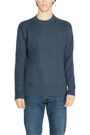Calvin Klein Strik, Herre, Blå, XL, Bomuld, Blå Strik Rund Hals Sweater Mænd