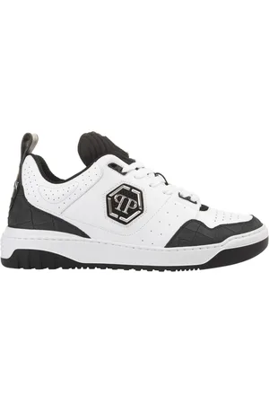 Philipp Plein Sko, Herre, Flerfarvet, 39 EU, Læder, Hvide lædersneakers med hexagon-patch