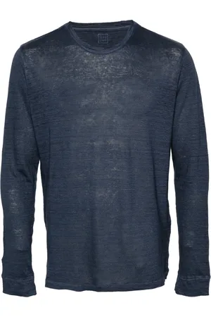 120% Lino Top, Herre, Blå, XL, Linned, Blå Linned Crew Neck Langærmet