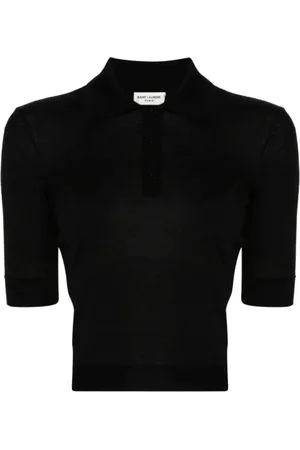 Saint Laurent Top, Dame, Sort, S, Uld, Sort Broderet Polo Top