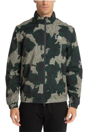 EA7 Jakke, Herre, Grøn, M, Uld, Camouflage Zip Jakke med Skjult Hætte