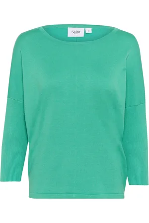 Saint Tropez Strik, Dame, Grøn, XS, Uld, Grøn R-Neck Pullover Sweater