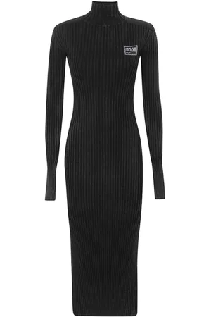 VERSACE Kjole, Dame, Sort, S, Bomuld, Ribbet Strikket Kjole med Logo Patch