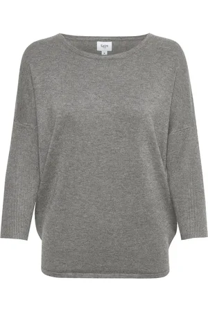 Saint Tropez Strik, Dame, Grå, XL, Uld, R-Neck Pullover Strik Mist Grey Melange