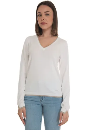 Liu Jo Strik, Dame, Hvid, XL, Glitrende V-hals Pullover med Lurex