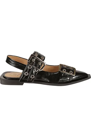 Ganni Sko, Dame, Sort, 38 EU, Polyester, Chunky Silver-toned metal Buckle ballet flats