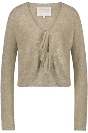 Fabienne Chapot Strik, Dame, Gul, XL, Uld, Guld Glitter V-Hals Cardigan