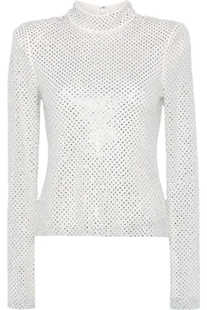 Self-Portrait Top, Dame, Grå, L, Uld, Rhinestone Fishnet Skjorte Sølv
