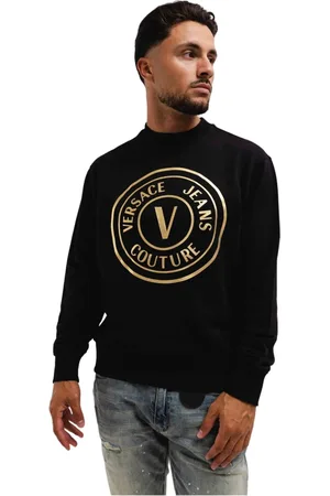 VERSACE Sweathshirts & Hoodies, Herre, Sort, S, Uld, V-Emblem Sweater Sort/Guld Mænd