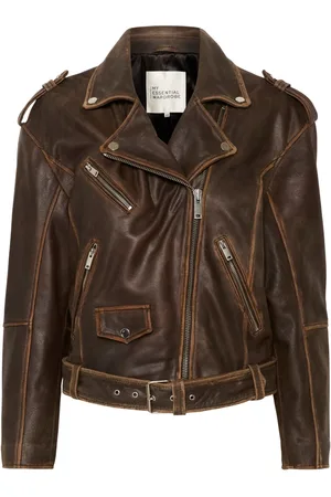 My Essential Wardrobe Jakke, Dame, Brun, S, Læder, Brun Retro Vask Læder Biker Jakke