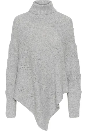 Cream Strik, Dame, Grå, ONE SIZE, Uld, Lys Grå Melange Turtleneck Poncho Strik