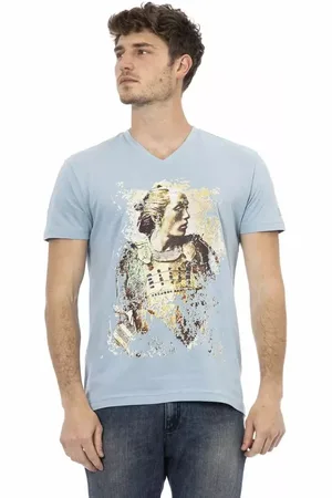 Trussardi Top, Herre, Blå, 3XL, Bomuld, Elegant Tee med V-hals og Frontprint