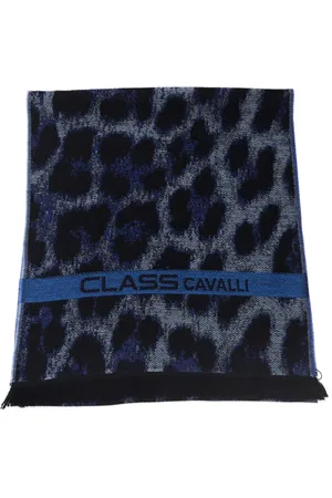 Roberto Cavalli Tilbehør, Herre, Blå, ONE SIZE, Uld, Animalier Mønster Tørklæde