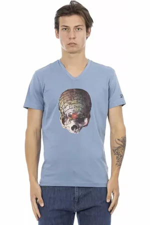 Trussardi Top, Herre, Blå, 2XL, Bomuld, Elegant lyseblå V-hals T-shirt med frontprint