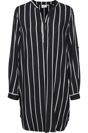 Kaffe Kjole, Dame, Sort, 3XL, Uld, Stribet Skjortekjole Sort/Kridt Stribe
