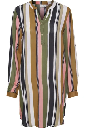 Kaffe Kjole, Dame, Flerfarvet, S, Uld, Stribet Skjortekjole Grøn/Rosa Print