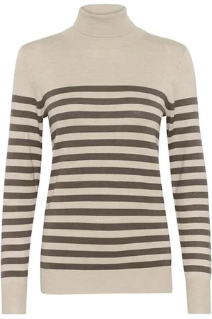 Kaffe Strik, Dame, , XL, Uld, Stribet Rullekrave Sweater Fjer Grå/Brunt