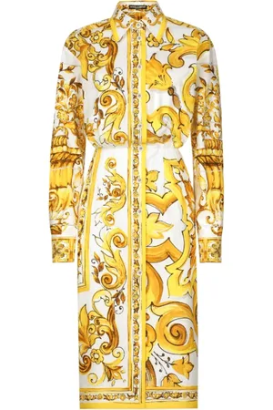 Dolce & Gabbana Kjole, Dame, Gul, M, Bomuld, Majolica Print Bomuldsskjortekjole