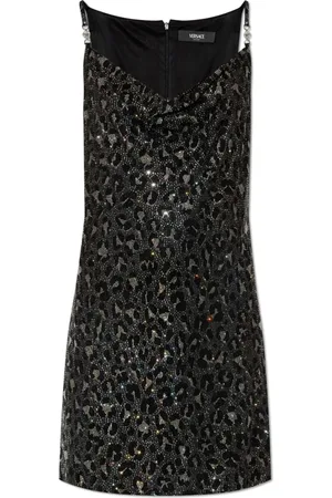 VERSACE Kjole, Dame, Sort, 2XS, Kort kjole med leopardprint