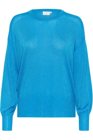 Kaffe Strik, Dame, Blå, 2XL, Uld, Blå Striktrøje med Pufærmer