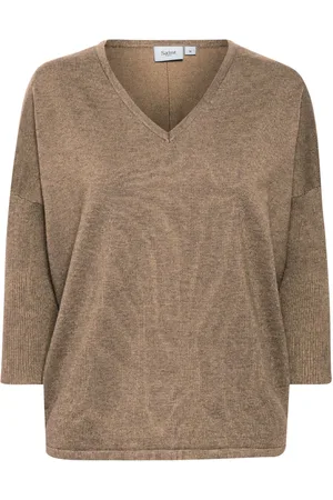 Saint Tropez Strik, Dame, Brun, L, Uld, V-N Pullover Sweater Atmos Melange