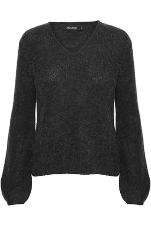 Soaked in Luxury Strik, Dame, Sort, XS, Uld, Sort V-hals trøje med pufærmer