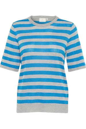 Kaffe Strik, Dame, Blå, XL, Uld, Kortærmet Stribet Pullover Sweater